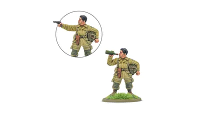 A 28mm miniature of an American paratrooper named "Thirsty Work" is depicted, holding a bottle of wine in one hand while the other arm is posed to hold a pistol. The soldier is dressed in a light green uniform with a backpack and a belt, standing on a grassy base. An inset shows a close-up of the arm holding the pistol, emphasizing the dual options for the model.