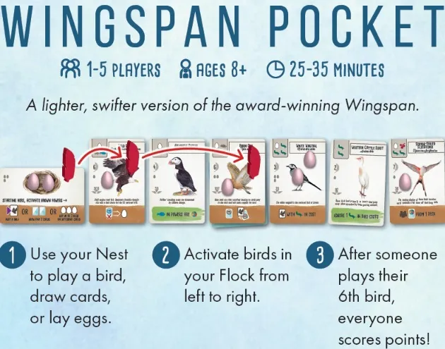 A light blue background with the text "WINGSPAN POCKET" at the top in dark blue. Below, icons and text indicate "1-5 PLAYERS," "AGES 8+," and "25-35 MINUTES." Five bird cards are displayed in a row, each with illustrations of different birds and their respective habitats, eggs, and food tokens. Below the cards, numbered steps are listed: "1 Build your Nest by playing a bird, draw cards, and lay eggs," "2 Activate birds in your Flock from left to right," and "3 After some plays the 6th bird...".