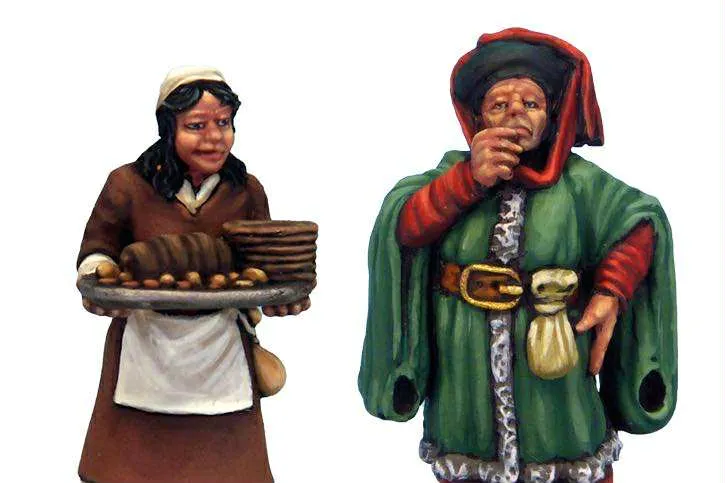 A miniature figure of a woman in a brown dress and white apron holds a tray filled with loaves of bread, smiling as she stands on the left. Beside her, a man in a colorful green cloak and red hat raises a cup to his lips, wearing a sly expression. Both figures are intricately detailed, showcasing the vibrant colors and textures typical of fantasy tavern patrons.