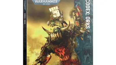 Warhammer 40,000 Codex: Orks book cover with armored Ork figure and flames.