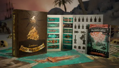 Open book titled "Limithron's Pirate Map Collection" with a gold-embossed pirate ship and compass rose on the cover. Pages display illustrated maps and ship diagrams. A sheet of black plastic ship and cannon pieces is laid out. A book titled "Pirate Encounters" is partially visible. A large map with a sea monster illustration is spread on a wooden surface. A palm tree and sunset background are blurred in the distance.