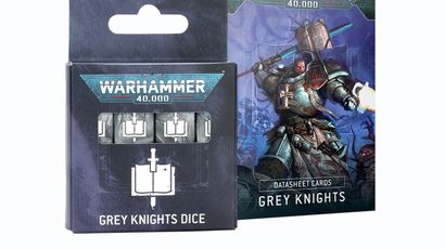 A pack of Grey Knights dice is displayed alongside a set of Grey Knights datasheet cards, both featuring the Warhammer 40,000 branding. The dice are predominantly grey with a white design, while the datasheet card pack showcases a striking illustration of a Grey Knights character in armor, wielding a weapon and surrounded by a dramatic background. The overall presentation emphasizes the thematic elements of the Grey Knights faction in the Warhammer 40,000 universe.