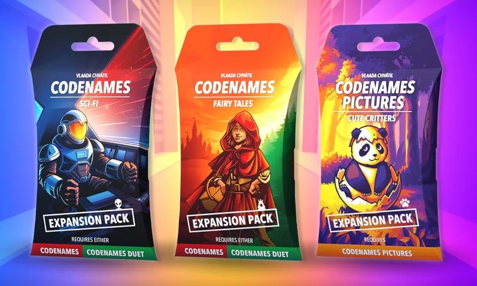 Three expansion packs for the party word game Codenames are displayed: "Sci-Fi," "Fairy Tales," and "Cute Critters." Each pack features vibrant artwork, with the "Sci-Fi" pack showcasing a character in a futuristic setting, the "Fairy Tales" pack depicting a girl in a red cloak against a colorful forest backdrop, and the "Cute Critters" pack featuring a playful panda. Each pack is labeled as an "Expansion Pack" and indicates compatibility with either Codenames or Codenames Duet.
