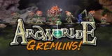 Three distinctive Gremlin miniatures are prominently displayed against a dark, forested background. The first Gremlin on the left has a wooden mask-like face and vibrant green skin, while the central Gremlin features a fierce expression with a large, toothy grin and a decorative necklace. The third Gremlin on the right holds a weapon and has a playful stance, showcasing the whimsical design typical of the ArcWorlde faction. The text "ArcWorlde GREMLINS!" is boldly featured at the bottom, emphasizing the campaign's focus.