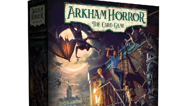 The box for "Arkham Horror: The Card Game Chapter Two" features a dramatic illustration depicting a chaotic scene in a dark, urban environment. In the foreground, several characters are engaged in a tense moment, with a figure holding a lantern and others appearing to react to a looming threat above, possibly a large creature. The background showcases a cityscape with gothic architecture, shrouded in shadows, enhancing the atmosphere of mystery and supernatural terror. The title and subtitle are prominently displayed at the top, along with details about the game.