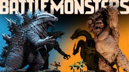 A large, detailed miniature of Godzilla stands prominently in the foreground, showcasing its iconic features and textured scales. Behind Godzilla, a menacing King Ghidorah is partially visible, along with armored vehicles and other creatures, set against a vibrant gradient background of blue and orange. The title "BATTLEMONSTERS" is displayed in bold, stylized lettering at the top of the image.