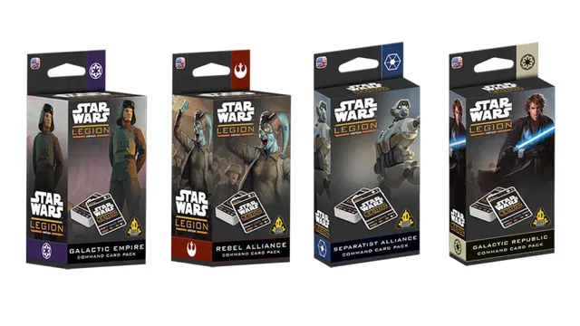 Three distinct card packs for "Star Wars: Legion" are displayed, each featuring unique artwork and color schemes. The left pack, labeled "Galactic Empire Command Card Pack," showcases a character in a dark uniform against a purple background. The center pack, "Rebel Alliance Command Card Pack," features a character in a flight suit with a red background. The right pack, "Separatist Alliance Command Card Pack," displays a character with a weapon in a blue background. Each pack prominently features the "Star Wars: Legion" logo and includes images of the cards inside.