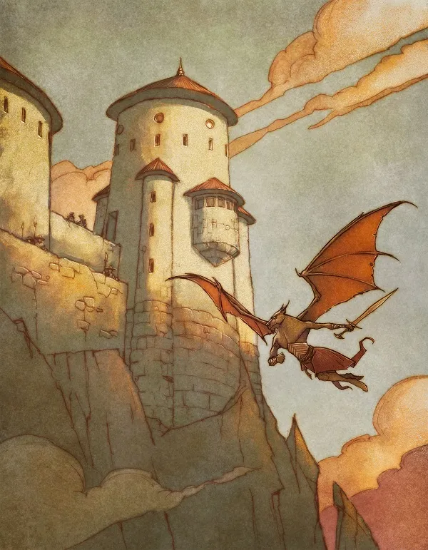 Castle with towers, dragon flying past, sunset sky