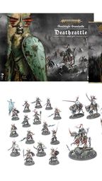 A collection of miniatures and game components from the Soulblight Gravelords Deathrattle Army Set is displayed. In the center, a mounted Wight King stands prominently, surrounded by five Barrow Knights and 20 Barrow Guard figures, all intricately detailed. The set also includes the Battletome: Soulblight Gravelords and a set of warscroll cards, with the packaging featuring dark, atmospheric artwork that complements the undead theme.