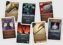 A collection of illustrated cards from a card game. The cards have various titles and descriptions, including "THE LIST," "DELILAH BRIARWOOD," "GROG'S RAGE," "THORDAK," "BLOODAXE," and "LORE SHEET." Each card features unique artwork and text, with some cards showing characters, objects like a hammer and an axe, and fantasy-themed scenes. The card titled "DELILAH BRIARWOOD" has the text "LEVEL 8" and "Delilah Briarwood can join Sylas Briarwood in combat without using a Wandering Monster card. BAD STUFF Lose your Role(s) and a level." The card titled "GROG'S RAGE" has the text "+3 BONUS to either side" and a quote from Grog. The card titled "THORDAK" has the text "Will not pursue anyone of Level 3 or below +4 against Sanctuary. BAD STUFF 'Is this all you've got? You are dead.'" The card titled "BLOODAXE" has the text "+2 BONUS