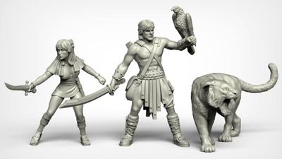 A set of three fantasy miniatures features a muscular male hero wielding a sword and holding a falcon, alongside a svelte female character brandishing a dagger. Both figures are depicted in a dynamic pose, showcasing intricate details in their clothing and accessories, reminiscent of 80s high-fantasy cinema. The miniatures are presented in a light gray color, highlighting their sculptural features.