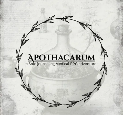 Black circular laurel wreath with text "APOTHACARUM a Solo journaling Medical RPG adventure."