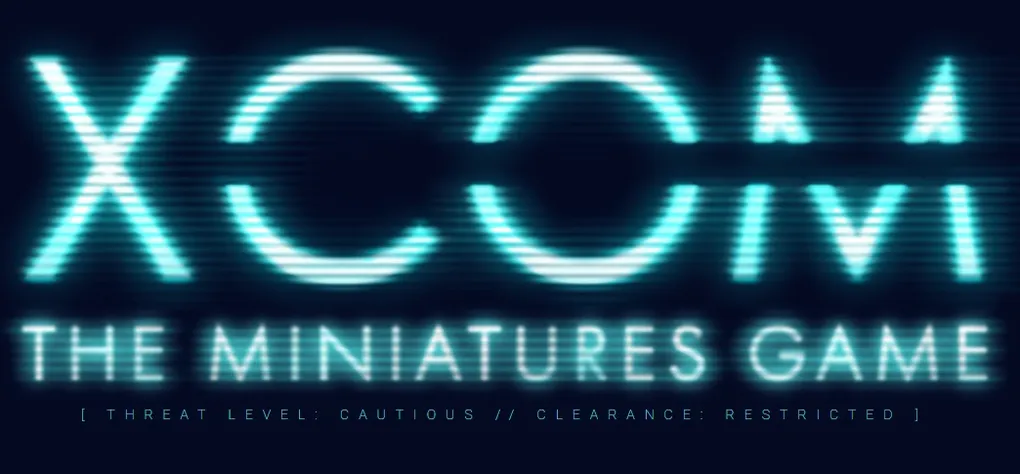 The image features the title "XCOM: The Miniatures Game" displayed in a futuristic, glowing font against a dark background. The text is stylized with a digital glitch effect, emphasizing a high-tech theme. Below the title, there are cautionary phrases: "THREAT LEVEL: CAUTIOUS // CLEARANCE: RESTRICTED," adding to the game's atmosphere of secrecy and urgency.