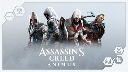 Four iconic characters from the Assassin's Creed franchise are featured prominently, each dressed in distinctive historical attire. The characters are positioned side by side, showcasing a mix of stealthy and combat-ready poses, with weapons and accessories that highlight their unique abilities. The title "Assassin's Creed: Animus" is displayed boldly at the bottom, along with a note indicating the game is designed for 2-4 players.