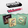 Asmodee logo, "Welcome S" text, three game boxes: Welcome to the Moon, Welcome to Your Perfect Home.