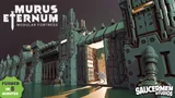 A detailed 3D model of the Murus Eternum Modular Fortress, showcasing its imposing structure with tall walls and a large, open gate. The fortress features intricate designs, including pipes and mechanical elements, with a sci-fi aesthetic. A miniature figure in a white suit is positioned near the entrance, emphasizing the scale of the fortress.