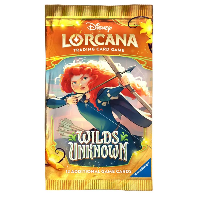 A brightly colored booster pack for the Disney Lorcana Trading Card Game, titled "Wilds Unknown," features a character with curly red hair, dressed in a blue outfit, holding a bow and arrow. The background includes whimsical elements and vibrant colors, with the title prominently displayed in a stylized font. The pack indicates it contains 12 additional game cards and is branded with the Ravensburger logo.