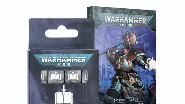 A pack of Grey Knights dice is displayed alongside a set of Grey Knights datasheet cards, both featuring the Warhammer 40,000 branding. The dice are predominantly grey with a white design, while the datasheet card pack showcases a striking illustration of a Grey Knights character in armor, wielding a weapon and surrounded by a dramatic background. The overall presentation emphasizes the thematic elements of the Grey Knights faction in the Warhammer 40,000 universe.