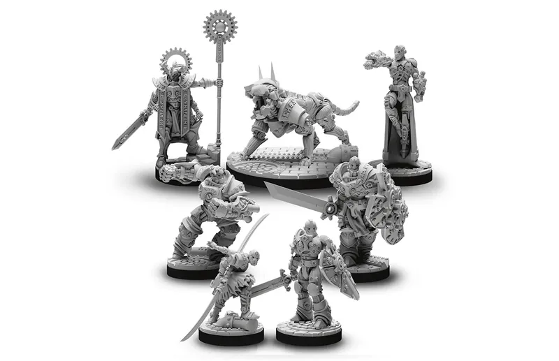 A collection of detailed miniatures features various mechanical and armored figures, including a central character wielding a sword and a staff, flanked by a robotic dog and several warriors in intricate armor. The miniatures are designed with a steampunk aesthetic, showcasing gears and mechanical elements, all rendered in a gray, unpainted finish. The scene is set on a textured base that adds depth to the display, emphasizing the fantasy theme suitable for tabletop gaming.