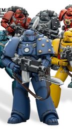 A group of eight tactical space marine action figures stands prominently, showcasing a variety of colors and chapter insignias. The marines are depicted in their original mark of armor, with detailed features and gear, including bolt guns and backpacks. The figures represent popular Warhammer 40k chapters such as the Imperial Fists, Ultramarines, Blood Angels, and Space Wolves, alongside traitorous factions like the Sons of Horus and Alpha Legion.