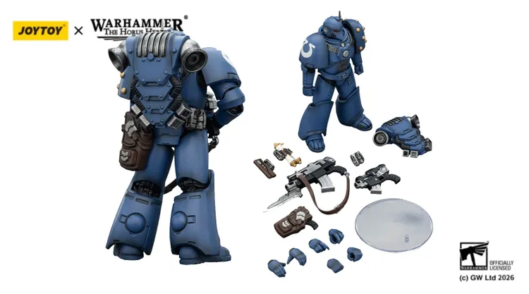 A detailed action figure of a Space Marine in blue armor stands prominently on the left, showcasing its intricate design and authentic markings. Surrounding the figure are various accessories, including a bolt gun, bolt pistol, bayonet, grenades, and interchangeable hands, along with a clear base for display. The figure features 28 points of articulation, allowing for dynamic poses, and is part of a new series from JoyToy.