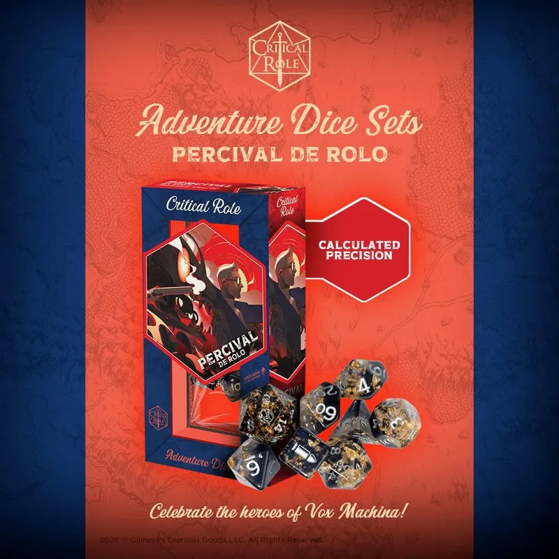 Critical Role Percival de Rolo dice set and box on red background.