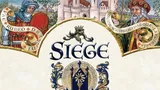 A decorative illustration featuring the text "Siege Perilous" in large, ornate lettering at the center. Above the text, there is a crown with intricate scrollwork. Below the text, there is an illustrated throne with a chalice on the seat, surrounded by elaborate gold and blue designs. On either side of the central text, there are two figures: on the left, a knight in armor holding a shield with the partially visible text "RUBEO DRACO" and on the right, a bearded man in a red and gold hat holding a scroll with the partially visible text "VIRTUTIS ATQUE LARGITATIS". In the background, there are illustrations of castles and trees. At the bottom, the text reads "ARTHURIAN ADVENTURE IN THE AGE OF CHIVALRY & VALOUR". The names Brian Saliba, Jay Johnstone, Ivan Alexiev, and Jay Musen are listed, along with the Play to Z logo.