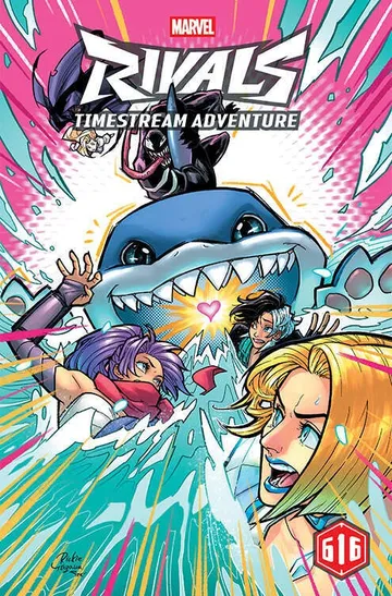 A colorful comic book cover features the title "MARVEL RIVALS TIMESTREAM ADVENTURE" prominently at the top. In the center, a large, cartoonish shark with an open mouth and sharp teeth looms over characters including Psylocke and Jeff the Land Shark, who are depicted in dynamic poses, expressing surprise or determination. The background is vibrant with pink and blue hues, adding to the energetic feel of the scene.