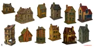 A collection of eight detailed 28mm scale miniature buildings, showcasing various architectural styles. The structures include a half-timbered house with a broken wall, a stone building with a decorative facade, and several others featuring brick and tiled roofs, some with weathered textures and signs of damage. The color palette consists of earthy tones, with shades of brown, gray, and green, enhancing the historical ambiance suitable for tabletop gaming.