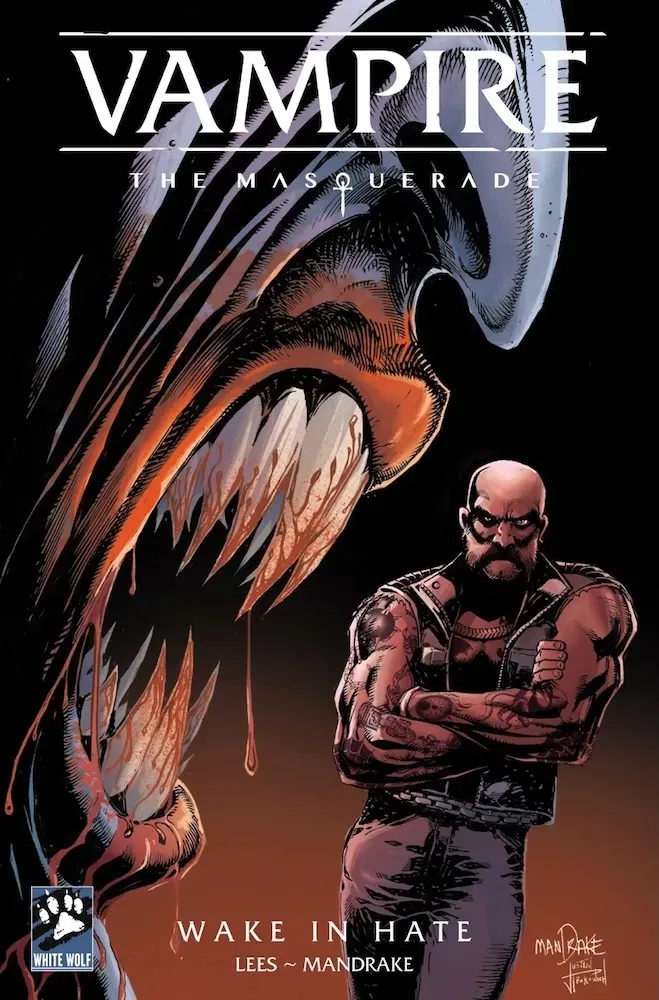 Muscular bald man with tattoos and a leather vest, large bat-like creature behind him.