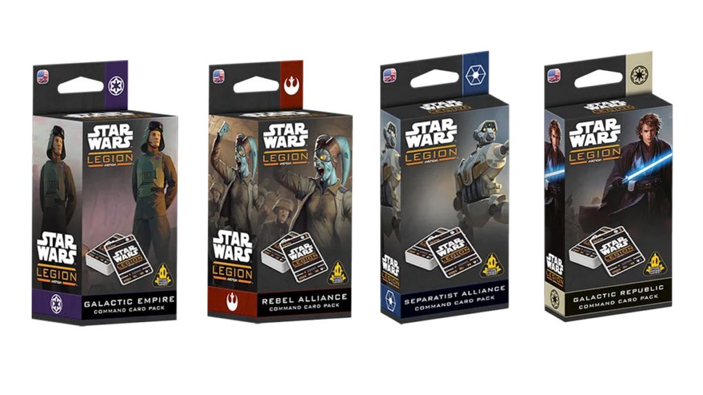 Three distinct card packs for "Star Wars: Legion" are displayed, each featuring unique artwork and color schemes. The left pack, labeled "Galactic Empire Command Card Pack," showcases a character in a dark uniform against a purple background. The center pack, "Rebel Alliance Command Card Pack," features a character in a flight suit with a red background. The right pack, "Separatist Alliance Command Card Pack," displays a character with a weapon in a blue background. Each pack prominently features the "Star Wars: Legion" logo and includes images of the cards inside.