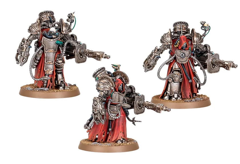 Three Myrmidon Destructor miniatures stand prominently, showcasing their imposing designs. Each figure features a combination of metallic armor and flowing red robes, with intricate mechanical details and various weaponry, including large energy cannons. The miniatures are posed dynamically, emphasizing their role as formidable combatants within the Mechanicum's martial forces.