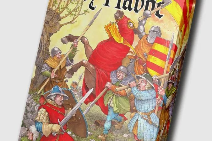 A vibrant box cover for the game "Cry Havoc" features a chaotic medieval battle scene. Various armored figures, including knights and foot soldiers, engage in combat, wielding swords and shields, while a large figure in a red cloak commands attention in the center. The background includes trees and a colorful banner, enhancing the dynamic atmosphere of the artwork.