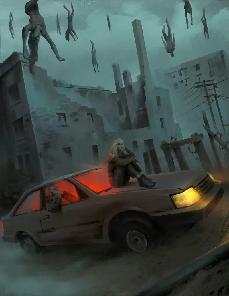 Woman sitting on car hood, man in driver's seat, flying figures, dim cityscape.
