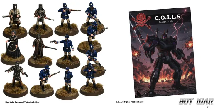 A collection of miniatures features a mix of Victorian police officers and Ned Kelly's gang of bandits. The figures are intricately detailed, with some wearing bucket helmets and others in traditional blue police uniforms, all standing on circular bases adorned with tufts of grass. The arrangement showcases various poses, including some holding rifles and others with pistols, highlighting the historical theme of the set.