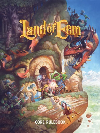 A colorful and whimsical illustration features a group of adventurers in a fantastical landscape, prominently displayed on the cover of the "Land of Eem Core Rulebook." In the foreground, a frog-like character holds a glowing orb, while a diverse group of heroes, including a warrior with a sword and a bard with a lute, gather near a cave entrance adorned with intricate carvings. In the background, a large dragon perches on a rocky outcrop, overlooking a vibrant valley filled with mountains and lush greenery.