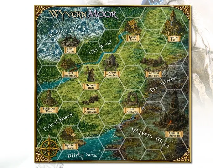 Map of Wyvern Moor with locations like Rolling Hills, Old Wood, Lurish Town, Sprawl City, and Misty Seas.