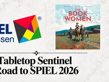 Multicolored geometric logo with "SPIEL" and "Essen" text. Cover of The Book Women game showing a woman on horseback with five figures in a field of orange flowers. Text reads: "Tabletop Sentinel Road to SPIEL 2026."