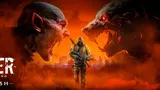 A hooded figure holding a rifle stands in a smoky, fiery cityscape, facing two large, snarling monstrous heads with glowing red eyes.