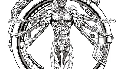 A detailed black-and-white line drawing of a humanoid figure with a skeletal, cybernetic appearance. The figure stands front-facing within a circular frame resembling a mechanical or technological structure. Its body combines organic bone and muscle with mechanical components: exposed ribs, spine, and limbs are interwoven with pipes, gears, and robotic joints. The head is skull-like with hollow eye sockets and a gaping mouth. The arms extend outward, ending in clawed hands, while the legs are positioned apart, anchored to the circular base by mechanical supports. At the bottom of the image, inside a black rectangular box, white text reads: "FOR USE WITH THE MOTHERSHIP 1E".