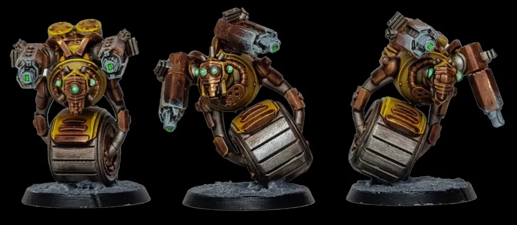 A detailed miniature of a robotic character features a round body with a metallic, silver barrel-like base and a prominent, circular golden core. It has two mechanical arms, one equipped with a green-tipped weapon and the other with a series of intricate gears and glowing green eyes. The figure stands on a textured black base, showcasing a weathered, industrial aesthetic with hints of rust and wear.