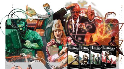 A vibrant illustration features several characters engaged in various activities related to the occult and espionage, set against a backdrop of chaotic office elements and mystical symbols. Prominent figures include a man in a suit with a serious expression, a woman with long hair and a beanie, and a man focused on a computer, all surrounded by swirling graphics that suggest supernatural themes. In the foreground, three books titled "Introduction to Applied Occult Computing," "Black Bag Jobs Reopened," and "Supervisor's Guide" are displayed, showcasing their distinct covers.