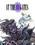 "AT THE GATES" text above a dark figure with multiple eyes and a blue-haired figure holding a book.