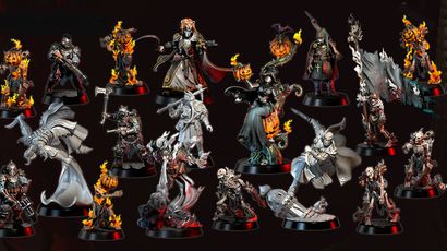 A collection of ten intricately designed miniatures from the Weird War I series is displayed against a dark background. The figures include a mix of undead and fantastical characters, such as a pumpkin-headed figure, a skeletal warrior, and a witch, all featuring dynamic poses and detailed sculpting. Each miniature showcases unique elements like flowing robes, weapons, and flame effects, emphasizing their dark fantasy theme, with the text "OCTOBER 2025" prominently featured at the top.