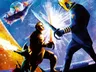 A futuristic scene with two characters in combat. The character on the left, wearing a yellow outfit, wields a glowing energy sword. The character on the right, in a blue and yellow suit with a helmet, holds a similar glowing weapon. In the background, a sleek starship with a glowing engine flies through a starry cosmos. The text at the top reads "COSMIC CORSARIS Fly Starships. Wield Cosmic Power. Fight a Brutal Regime."