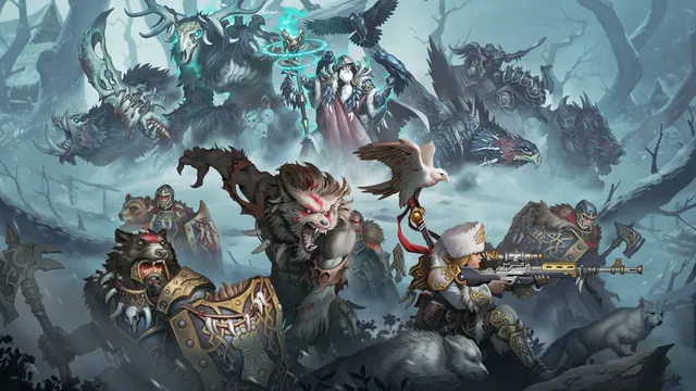A dynamic scene features a variety of characters and creatures from the Old Umbrey Command Starter and Battlegroup Box. In the foreground, a fierce, wolf-like warbeast with red markings stands alongside a soldier aiming a rifle, while a small bird perches nearby. In the background, a witch in flowing robes commands a spectral figure, flanked by various warbeasts and warriors, all set against a misty, eerie landscape filled with twisted trees and shadowy figures.