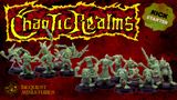 A collection of hand-sculpted miniatures from beQuest Miniatures is displayed, featuring various chaotic critters in dynamic poses. The miniatures are cast in a green material and are set against a dramatic red background, with the title "Chaotic Realms" prominently featured in a bold, stylized font. The beQuest logo is visible in the lower left corner, adding to the overall thematic presentation.