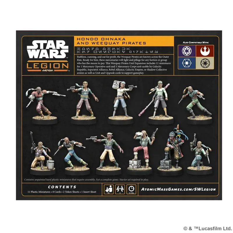A collection of 11 unpainted plastic miniatures representing the Weequay Pirates from Star Wars: Legion, displayed on a black background. The miniatures feature various poses, showcasing their rugged attire and weaponry, including blasters and melee weapons. The top section includes the title "Hondo Ohnaka and Weequay Pirates," along with compatibility icons for different factions, while the bottom lists the contents and assembly requirements.