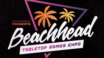 The design features the word "Beachhead" prominently in a bold, stylized font, with the phrase "TABLETOP GAMES EXPO" beneath it. Vibrant palm trees in orange and yellow are positioned above the text, set against a dark, textured background with geometric shapes in purple and pink. The overall aesthetic conveys a lively and tropical theme, suitable for a gaming event.