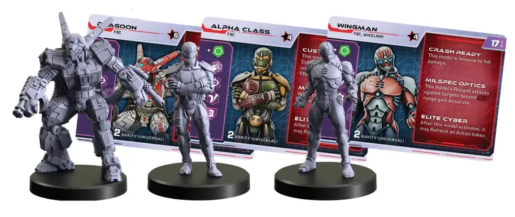 The image features three cyborg miniatures from Monster Fight Club's 